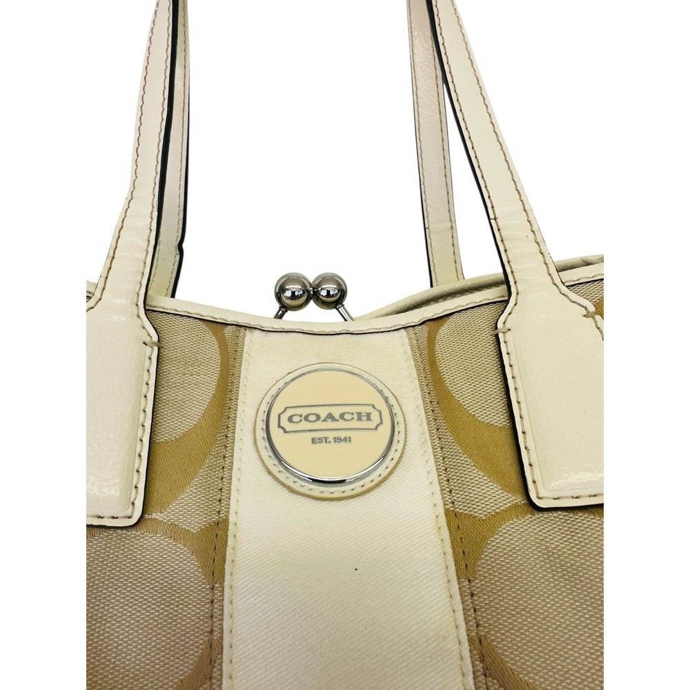 Coach Beige Signature Canvas and Patent Leather Kisslock Framed Carryall Tote - Picture 2 of 16